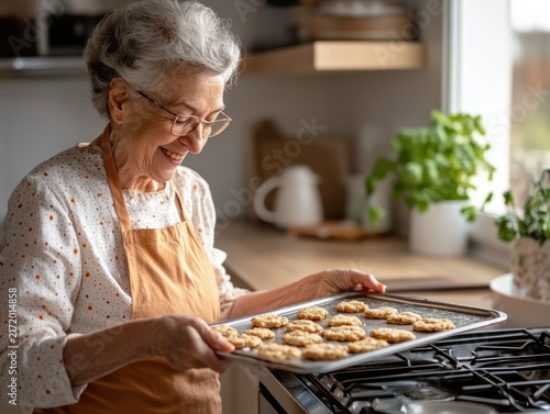 Happy older woman baking cookies in cozy kitchen at home