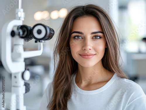 Young woman using eye examination device in medical office