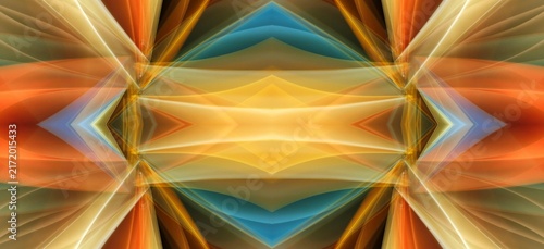 Abstract symmetrical background featuring vibrant flowing waves of golden orange and deep blue light streaks