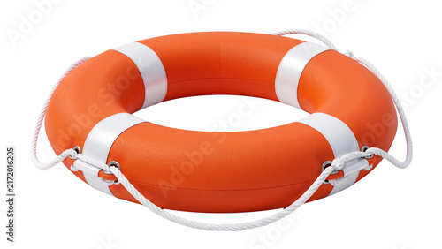 Konstfotografi Orange rescue lifebuoy ring with white straps isolated on transparent background