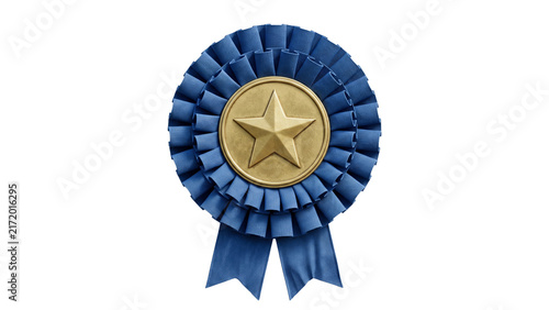 Cuadro en lienzo Blue fabric rosette award ribbon with gold star emblem isolated on transparent b