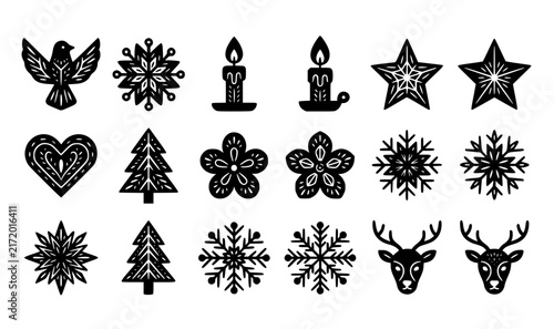 Scandinavian folk art winter icon collection with bold black and white bird snowflake star and heart doodles