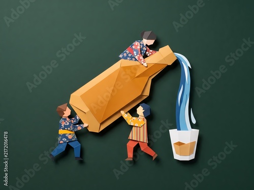Collaborative Paper cut Figures Pouring Stylized Blue Liquid from a Large Bottle into a Glass