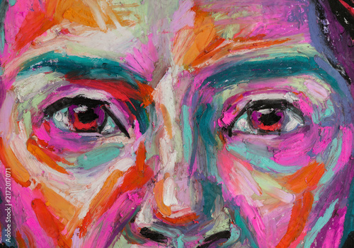 Close-up view of a girl's portrait created with oil pastels