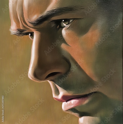 Close up view of a detailed and intense portrait painting capturing deep emotion and expression