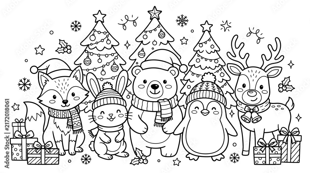 Fototapeta premium Cute Christmas Animals Coloring Page for Kids