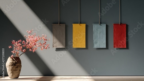 A minimalist room featuring four colorful fabric panels on a dark wall and a blooming cherry blossom vase. This aesthetic scene evokes interior design inspiration.