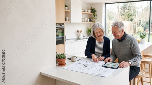An older couple reviews architectural plans and a tablet in a modern kitchen, smiling as they discuss their new energy-efficient home. Podcast cover for retirement planning 