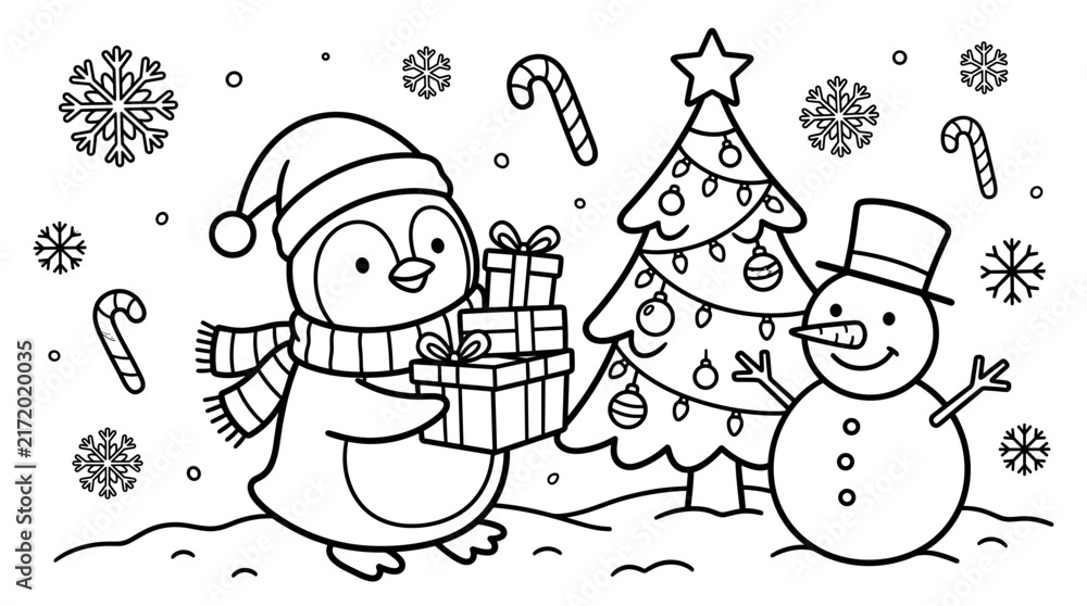 Fototapeta premium Cute Penguin and Snowman Christmas Coloring Page