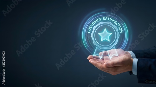 Businessman holding glowing customer satisfaction hologram badge. Concept of high rating, excellent service, feedback, and quality guarantee.