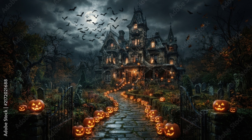 Obraz premium Haunted mansion with flying bats and glowing pumpkins on a spooky Halloween night