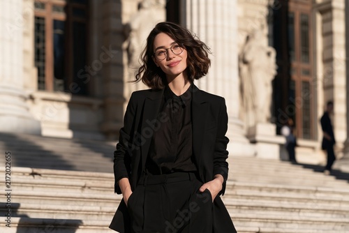 Young woman in black suit and glasses standing on stone steps of a historic building in sunlight