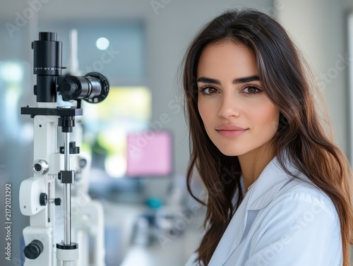 Middle Eastern woman using ophthalmic equipment in medical office