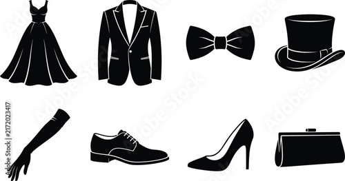 Collection of elegant formal wear silhouettes featuring evening dress suit shoes and accessories icons