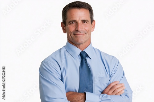Confident middle aged man wearing a light blue dress shirt and tie standing against white wall