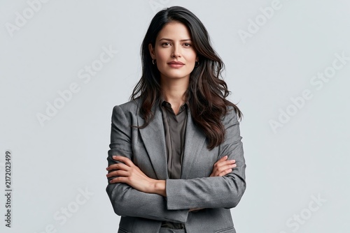 Confident young businesswoman in a grey blazer standing with arms crossed against a plain background