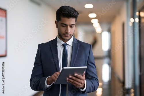 Focused businessman in a suit using a digital tablet while walking through a modern office hall