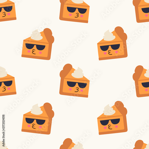 cute pumpkin pie slice character seamless pattern in sunglasses flat vector illustration happy autumn bakery food mascot streetwear textile background