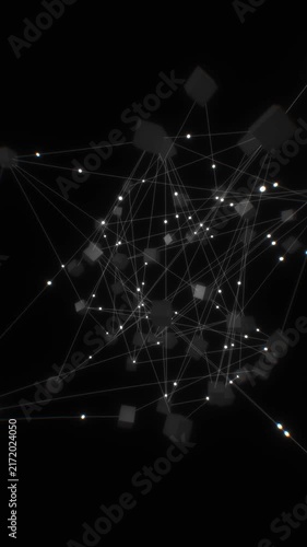 Neural network nodes and floating server blocks interconnect with glowing optical lines in a vertical 3D render for mobile AI computing and tech stories