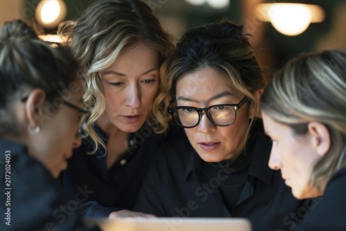 Group of diverse corporate women focusing intently on a screen during a collaborative work meeting