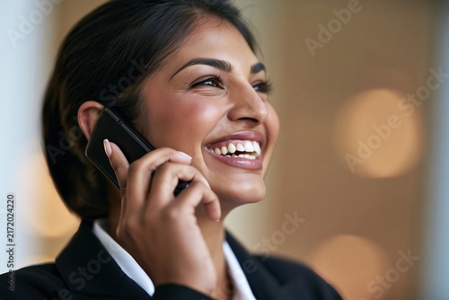 Happy young businesswoman smiling while talking on her mobile phone in a bright office setting