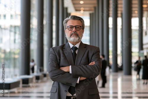 Mature businessman with glasses and a grey suit stands with arms crossed in a modern lobby