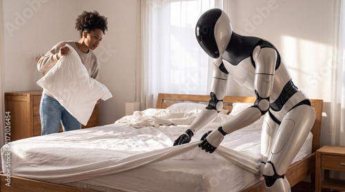 Domestic Robot and Human Collaboration: A modern robot assists a woman in making a bed, showcasing the integration of artificial intelligence into everyday life and household chores.