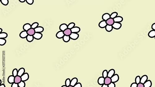 Cute cartoon daisies with pink centers on pale yellow background.