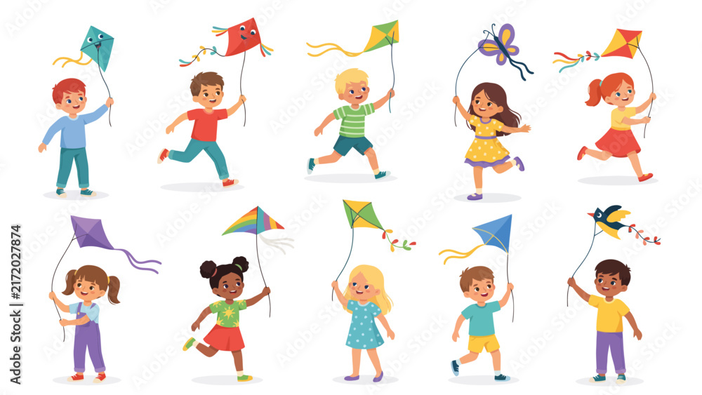 Fototapeta premium Cute Kids Flying Kites Vector Set, Cartoon Children Playing Outdoors Clipart Elements
