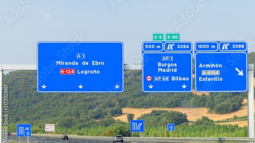 A road sign on the A-1 motorway in Spain, indicating directions to Logroño and exit 328A for Burgos, Madrid and Bilbao, as well as exit 328B for Armiñón.August 12, 2026