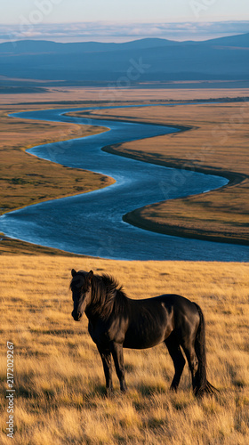 Black horse standing naturally in a vast golden highland meadow beside a winding deep blue river