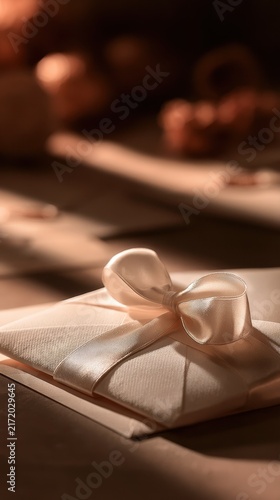 Elegant cream-colored gift box wrapped with a satin ribbon and bow in warm natural light with a blurred background setting perfect for celebrations or special o