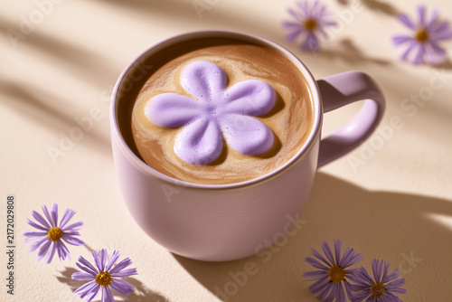 Purple Flower Shaped Foam On Latte