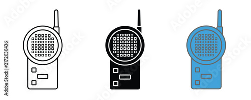 Walkie Talkie Icon Set In Black, White And Blue Colors, Portable Two Way Radio Communication Device Collection, Isolated On White Background