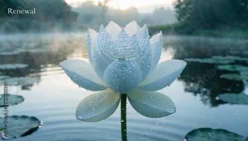 Close-up of a white lotus flower with dew drops and a spiderweb featuring glowing geometric symbols and mathematical formulas on a misty pond at dawn with 