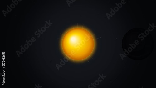 Abstract solar eclipse digital illustration featuring a glowing yellow sun partially obscured by a dark moon shadow in deep space