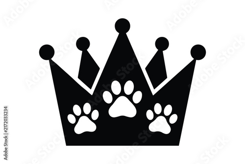 crown silhouette with dog or cat paw prints. Black vector icon for pet grooming