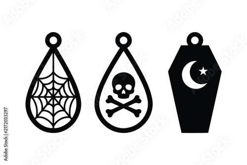 Set of spooky Halloween earring pendants and tags silhouette vector templates with skull, spider, and coffin designs
