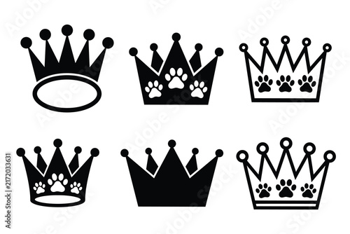 Set of royal pet crown silhouettes with dog or cat paw prints vector icons