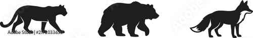 Set of black silhouettes featuring a panther a grizzly bear and a wild fox isolated on white background