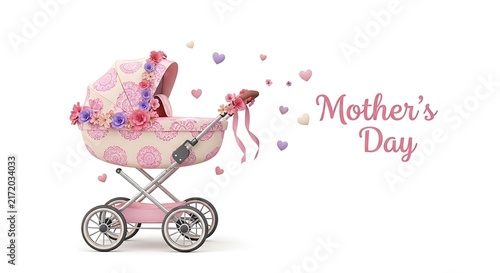 Happy Mother's Day with a Cute Baby Stroller Decorated with Flowers