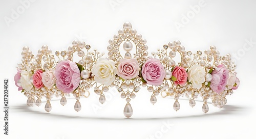 Elegant Gold Bridal Tiara with Pink Silk Roses and White Pearl Accents