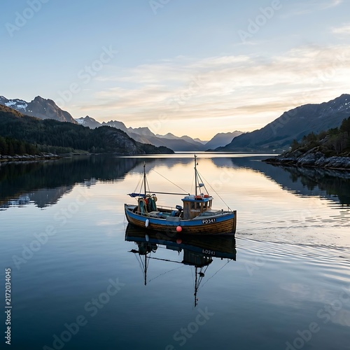 Traditional boat on calm water with mountain reflections
