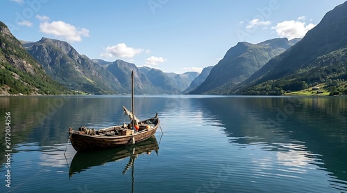 Traditional boat anchored in calm Norwegian fjord.