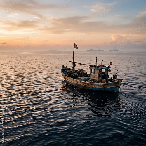 Traditional fishing boat on calm sea during sunset.
