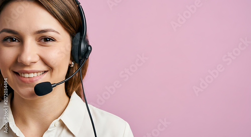 Friendly Female Customer Support Representative with Headset. Studio Portrait Close-Up Asymmetrical Composition on Pink Background with Copy Space.