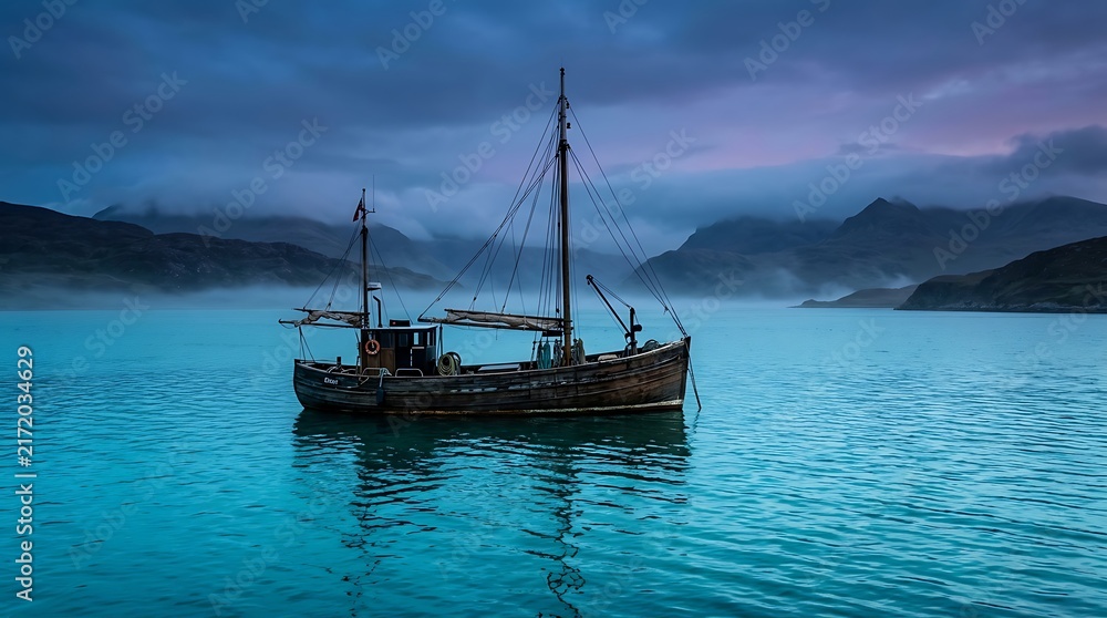 Naklejka premium Traditional fishing vessel on misty turquoise water at dawn.