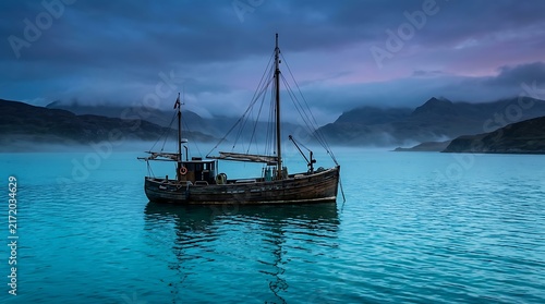 Traditional fishing vessel on misty turquoise water at dawn.