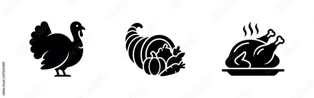Obraz premium Thanksgiving icons: turkey, cornucopia, and roasted chicken
