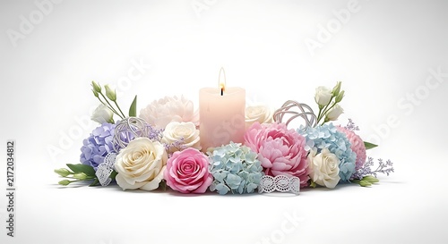 Pastel Flower Arrangement with Burning Candle for Wedding or Memorial Decor